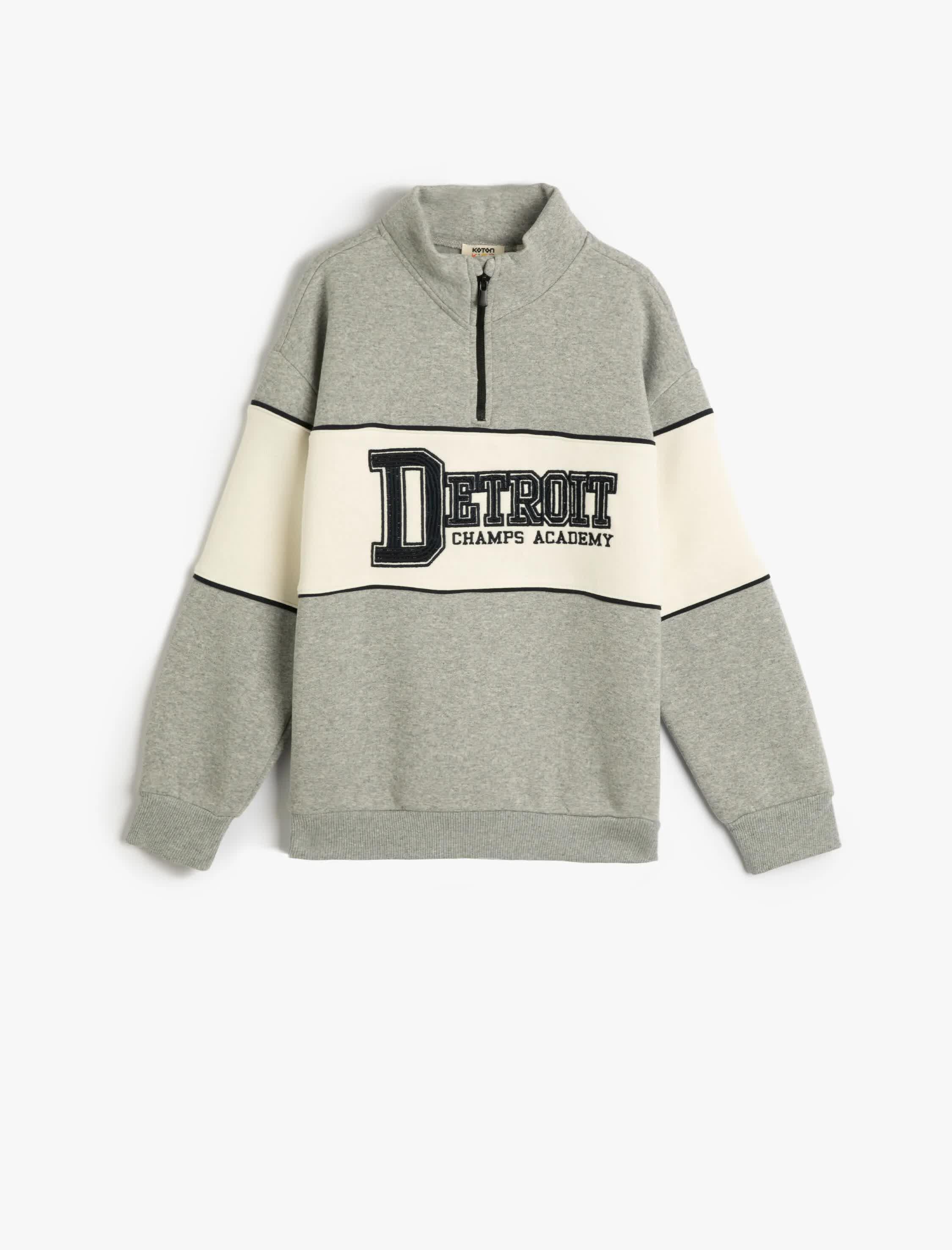 Gri Erkek Çocuk Sweatshirt Dik Yaka Düğme Kapamalı Baskılı Renk Bloklu Şardonlu