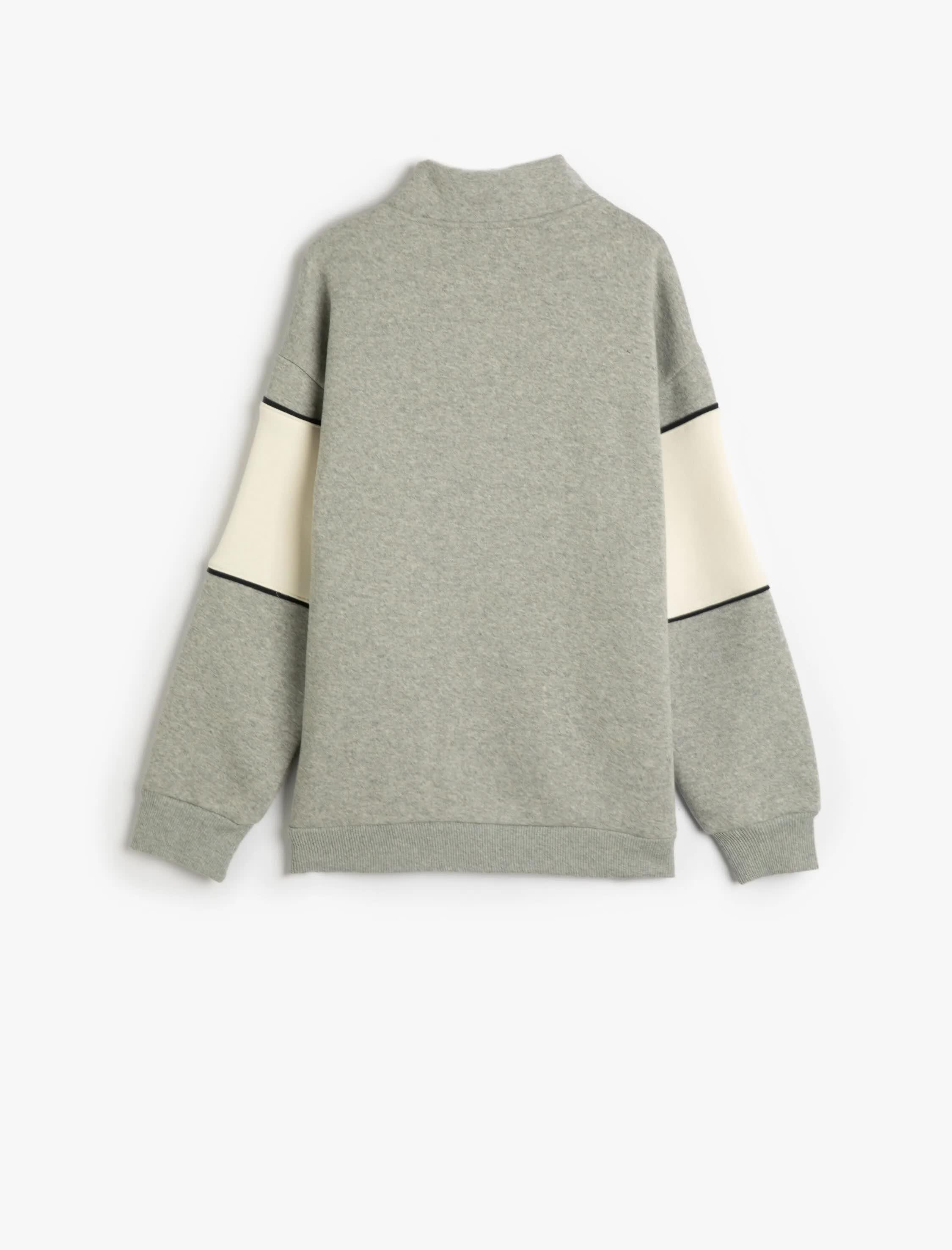 Gri Erkek Çocuk Sweatshirt Dik Yaka Düğme Kapamalı Baskılı Renk Bloklu Şardonlu