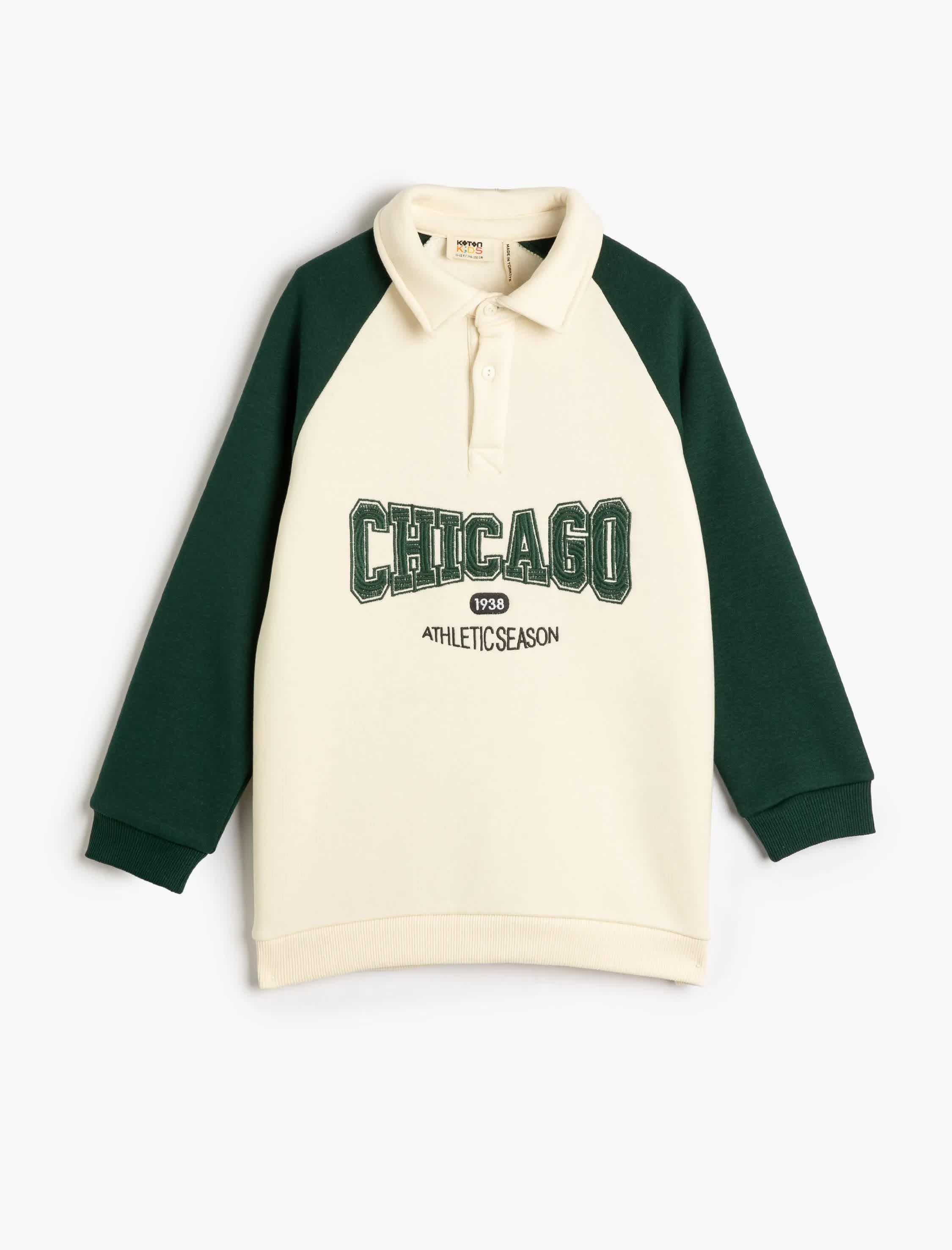 Ekru Erkek Çocuk Sweatshirt Polo Yaka Düğme Kapamalı Baskılı Renk Bloklu Şardonlu