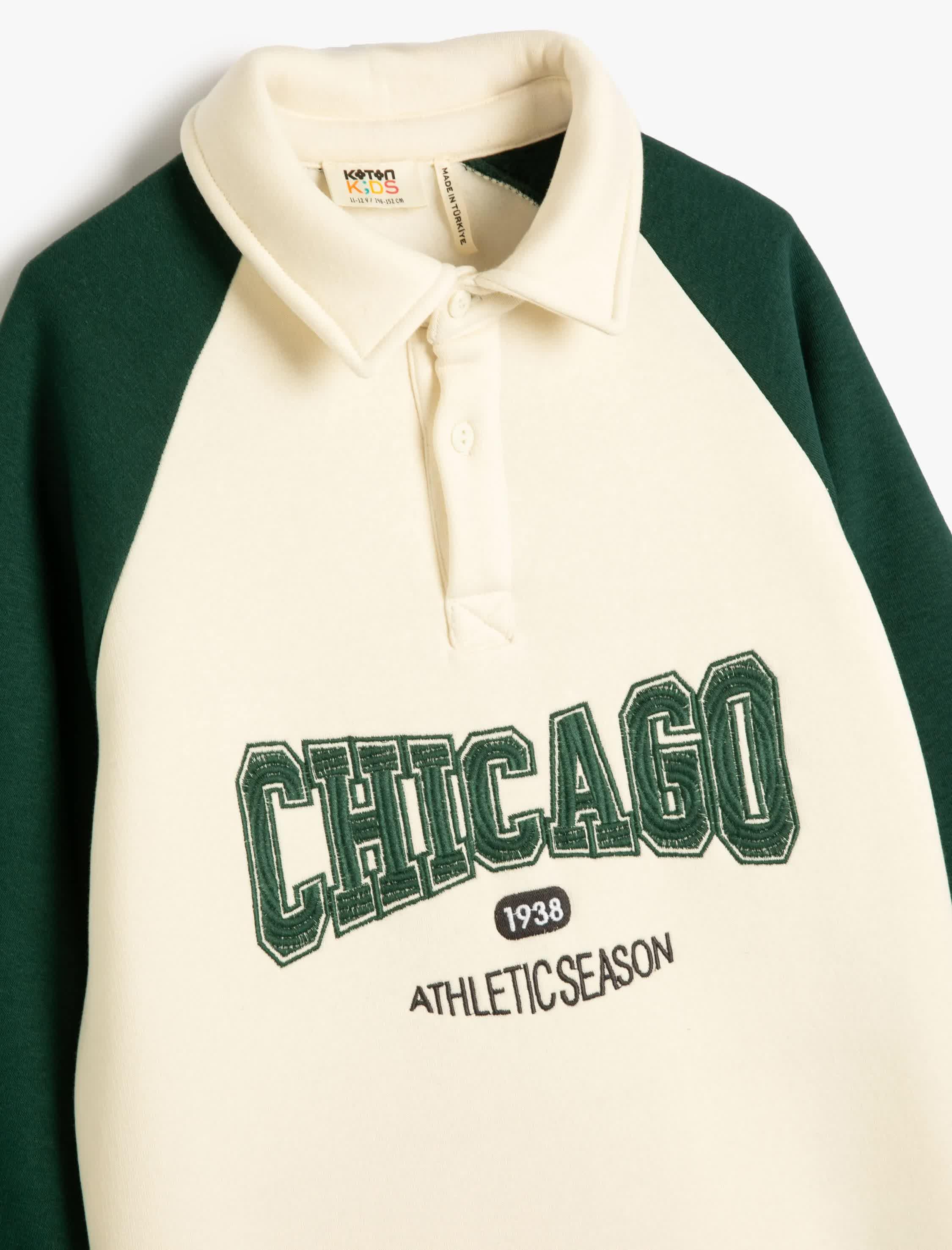 Ekru Erkek Çocuk Sweatshirt Polo Yaka Düğme Kapamalı Baskılı Renk Bloklu Şardonlu