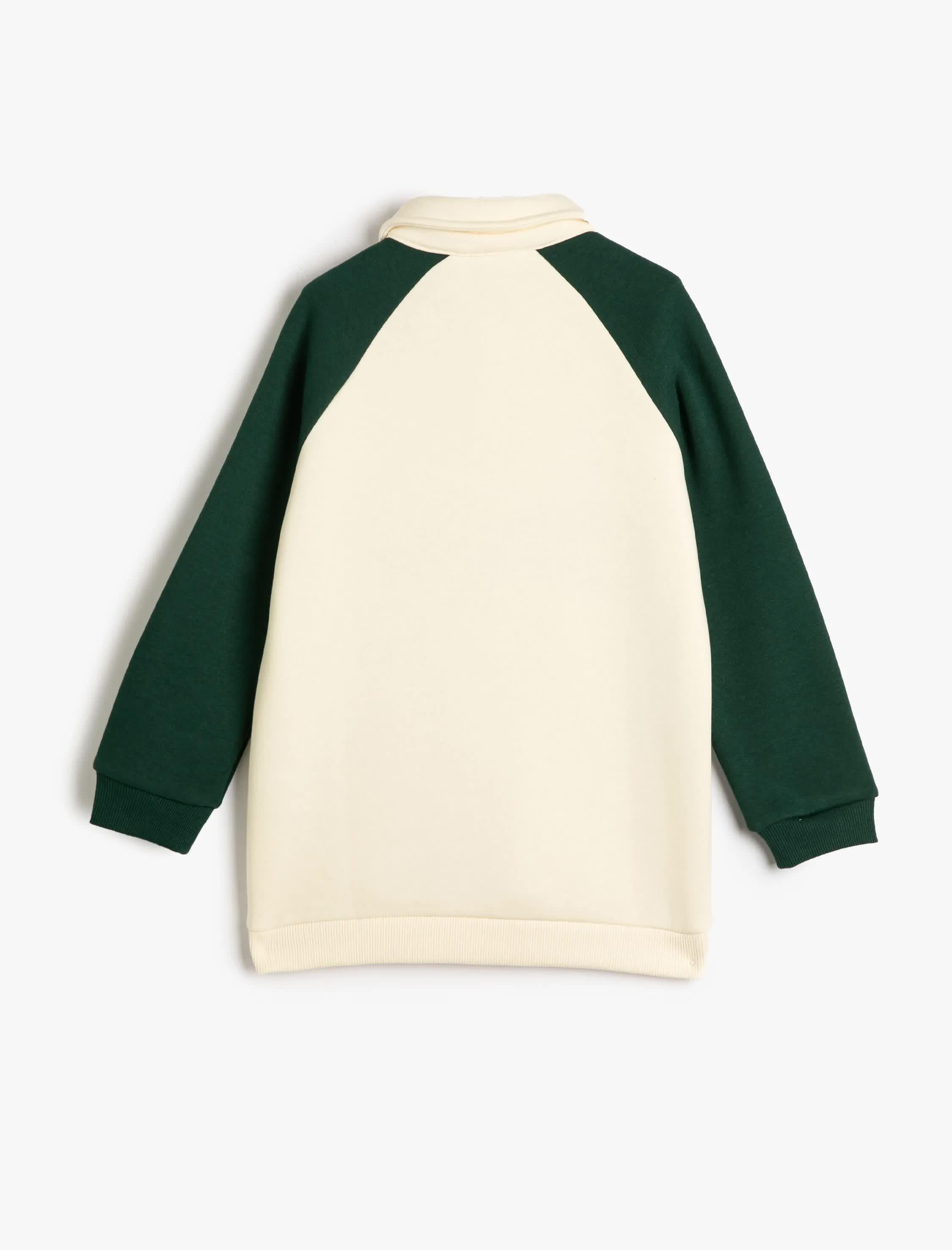 Ekru Erkek Çocuk Sweatshirt Polo Yaka Düğme Kapamalı Baskılı Renk Bloklu Şardonlu