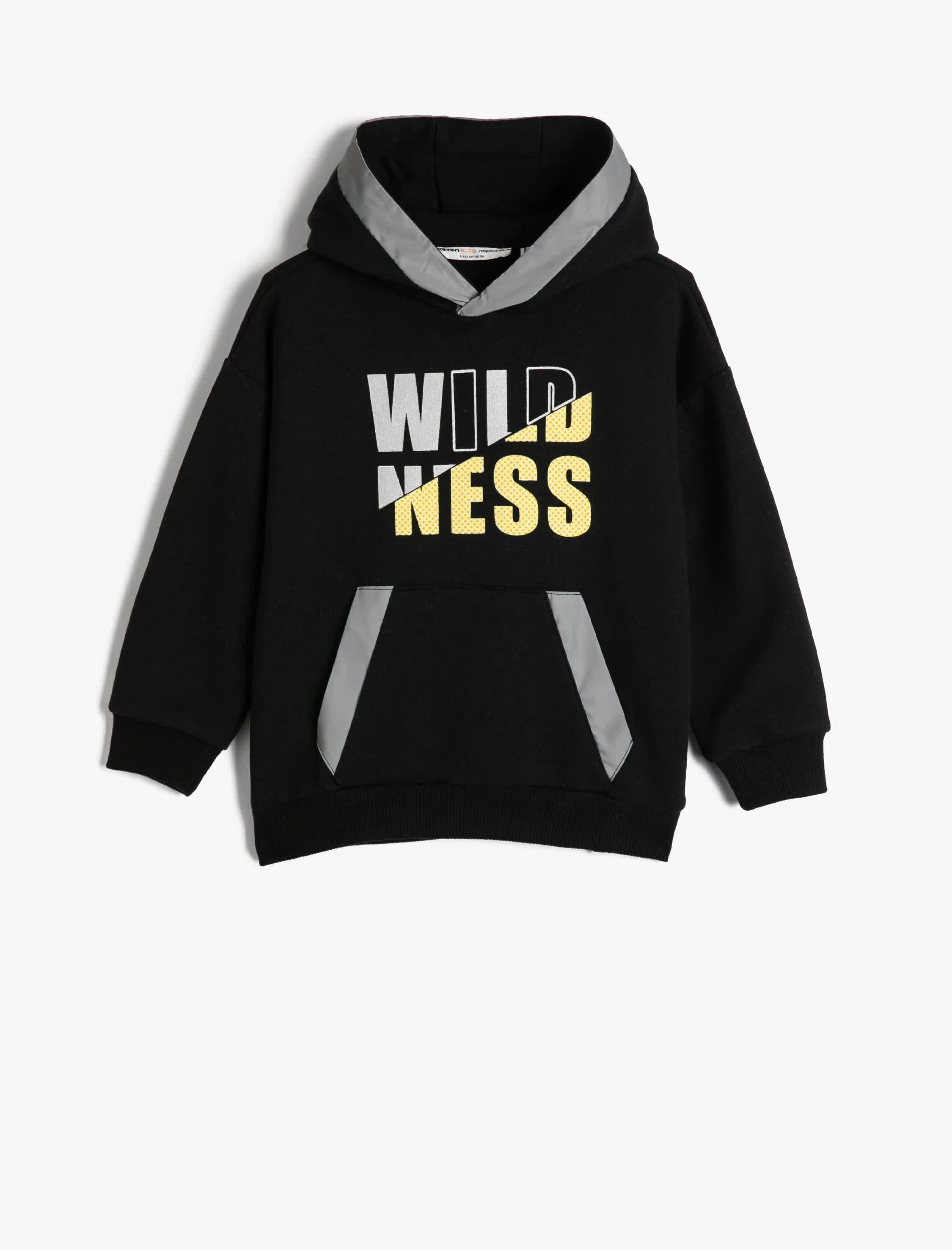 Siyah Erkek Çocuk Kapşonlu Sweatshirt Kanguru Cepli Uzun Kollu Renk Bloklu Şardonlu