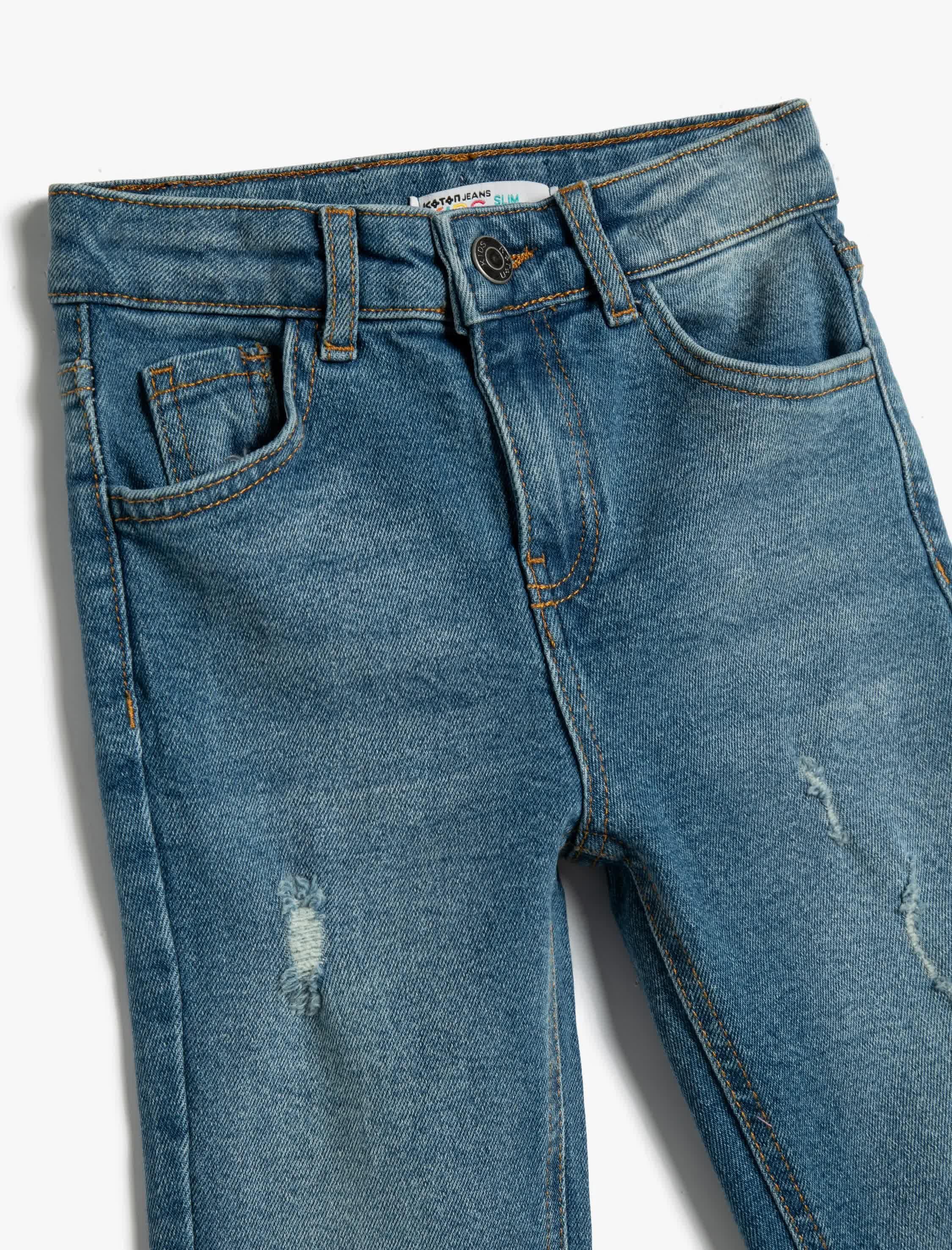 Orta İndigo Erkek Çocuk Kot Pantolon Beli Ayarlanabilir Lastikli Dar Paça Cepli Pamuklu - Slim Jean