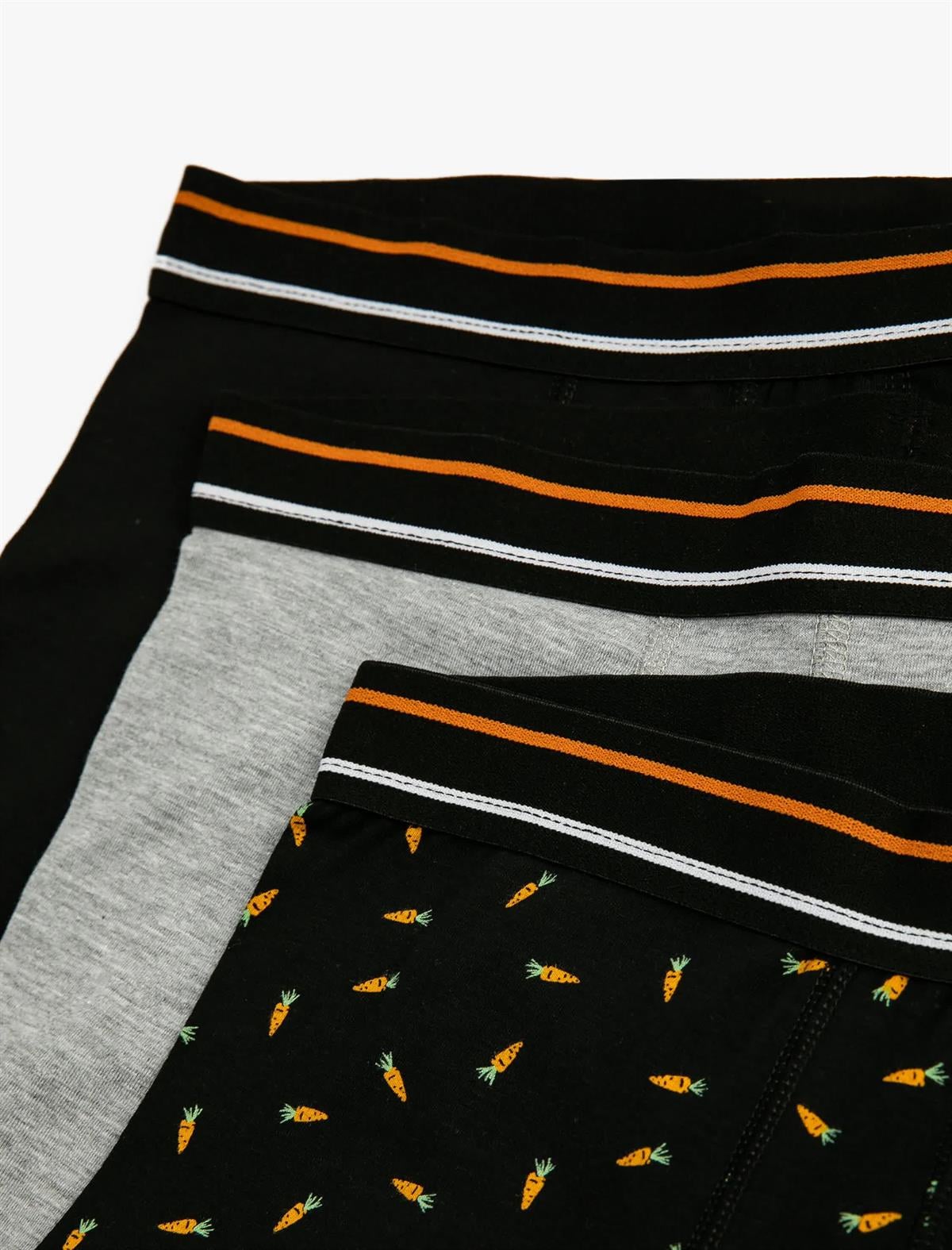 Siyah Erkek 3lü Boxer Seti Havuç Baskılı Pamuklu Beli Lastikli