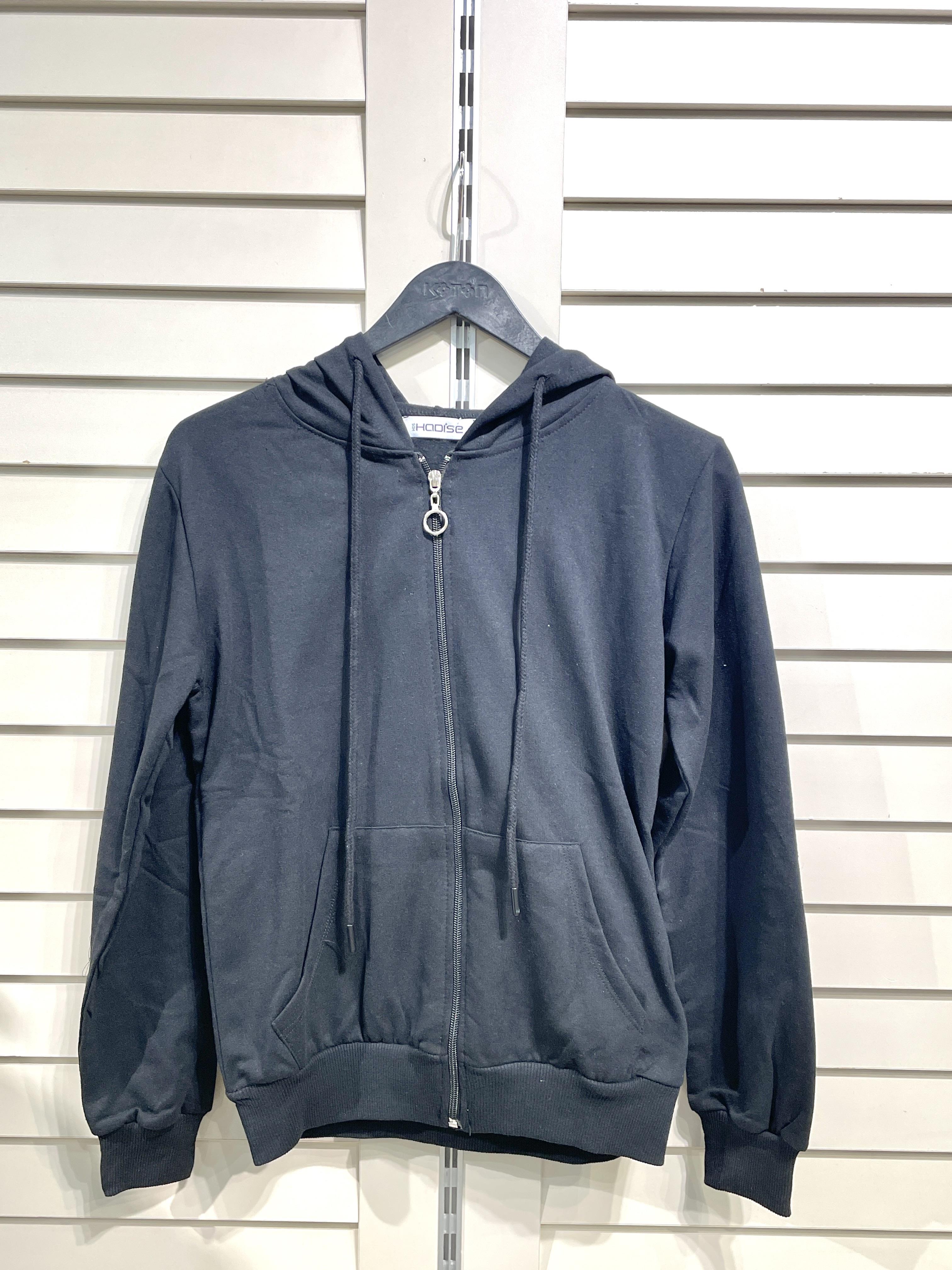 Siyah Kadın Fermuarlı Kapşonlu Sweatshirt