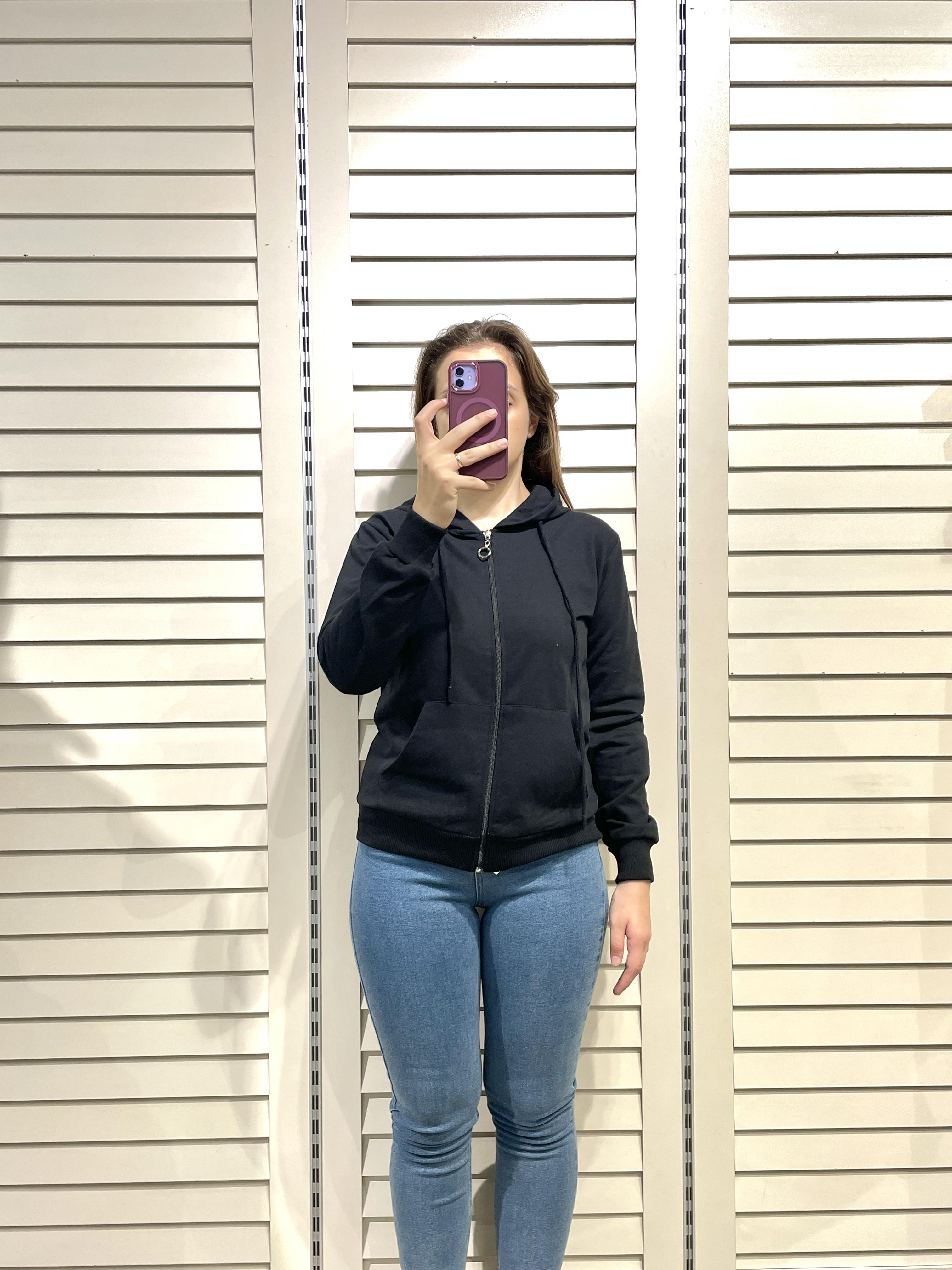 Siyah Kadın Fermuarlı Kapşonlu Sweatshirt