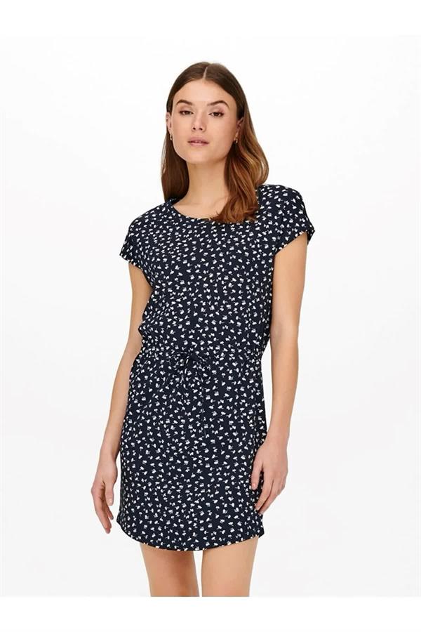 Kadın Lacivert Belden Ayarlamalı Penye Elbise