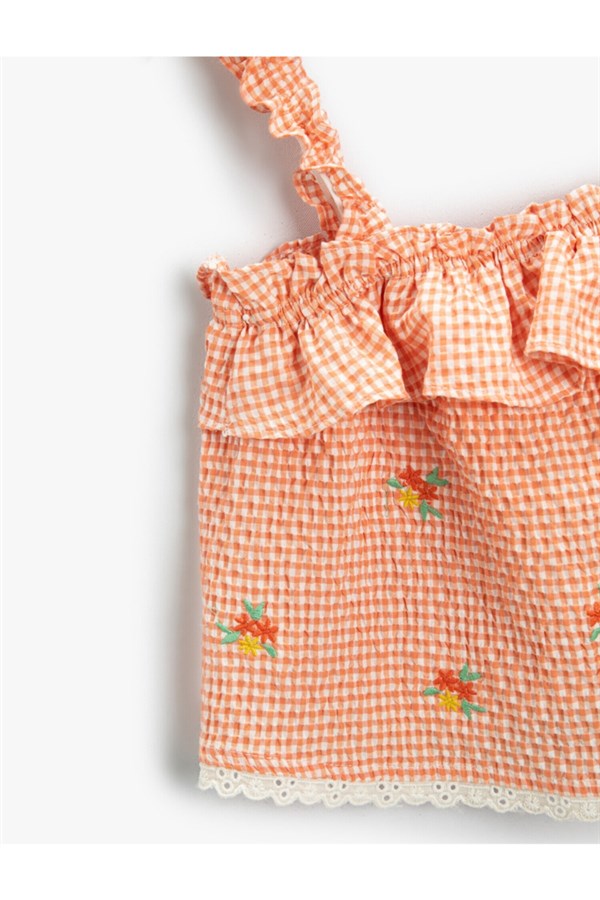 Kız Çocuk Çiçek İşlemeli Pötikareli Fırfırlı Askılı Bluz