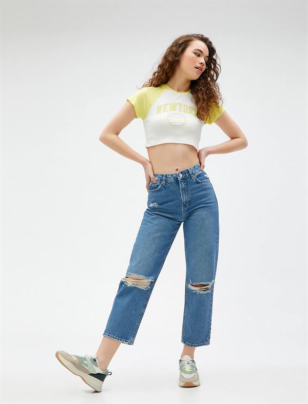 Yüksek Bel Kot Pantolon Yırtık Düz Paça- Eve Jeans