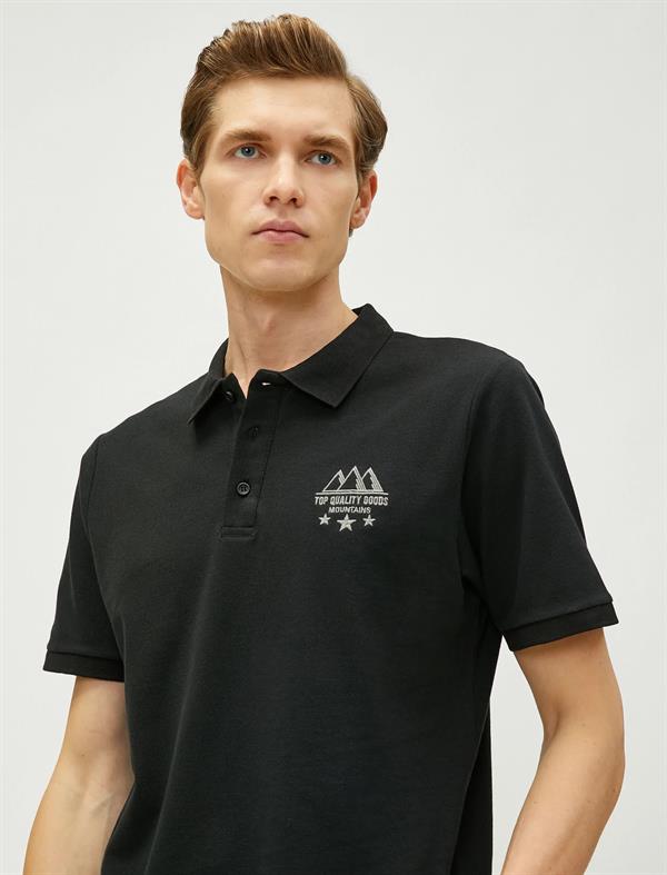 Siyah Erkek Polo Yaka Tişört Dar Kesim Düğmeli Kısa Kollu Manzara İşlemeli