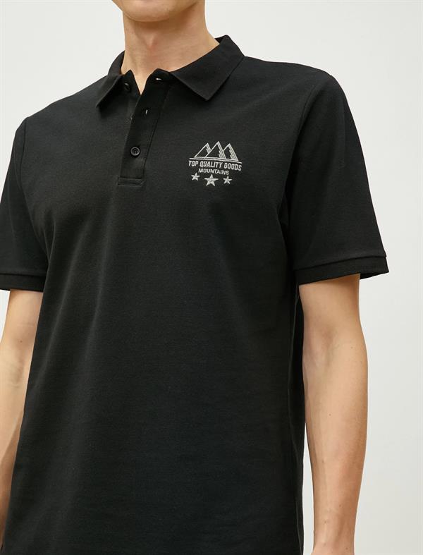 Siyah Erkek Polo Yaka Tişört Dar Kesim Düğmeli Kısa Kollu Manzara İşlemeli