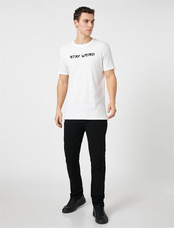 Slogan İşlemeli Tişört Bisiklet Yaka Kısa Kollu