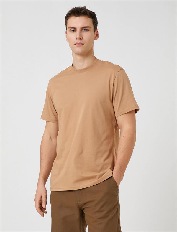 Bej Erkek Basic Tişört Bisiklet Yaka Kısa Kollu