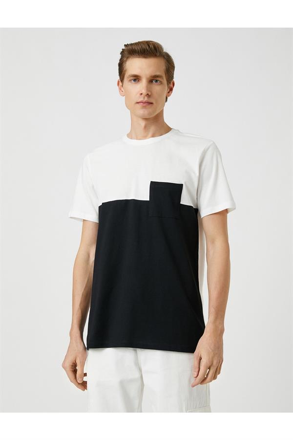 Bisiklet Yaka Tişört Cep Detaylı Renk Bloklu Kısa Kollu Pamuklu
