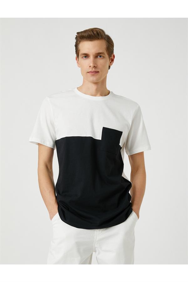 Bisiklet Yaka Tişört Cep Detaylı Renk Bloklu Kısa Kollu Pamuklu