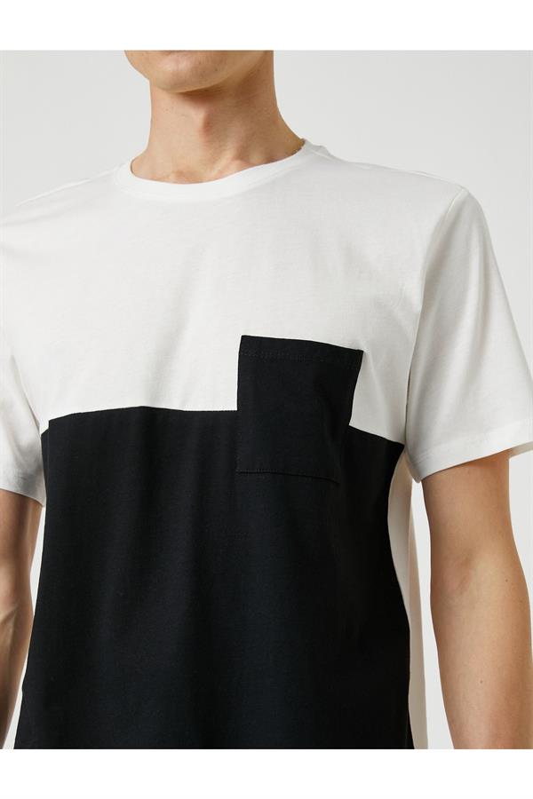 Bisiklet Yaka Tişört Cep Detaylı Renk Bloklu Kısa Kollu Pamuklu