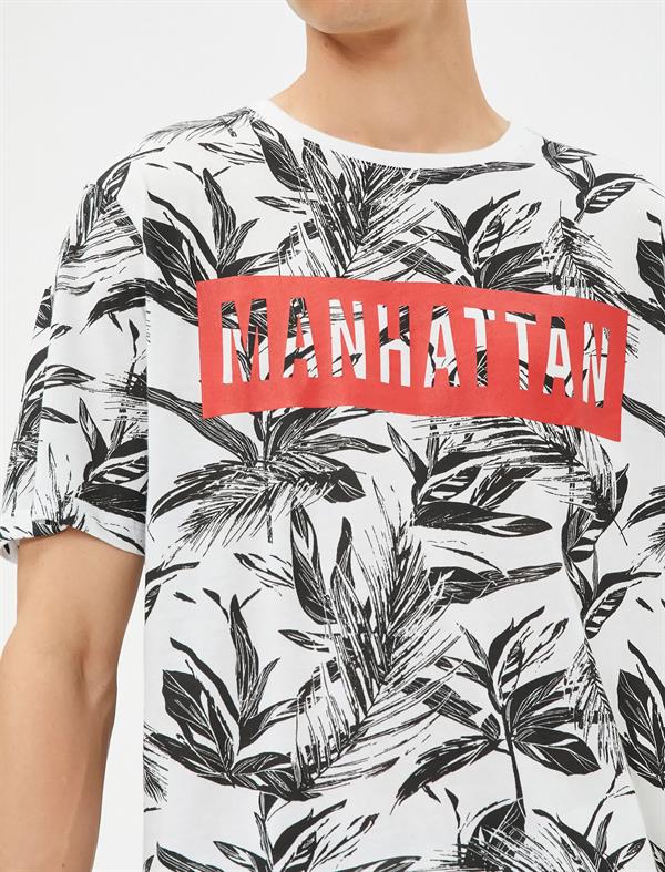 Slogan Baskılı Tişört Yaprak Detaylı Bisiklet Yaka Pamuklu