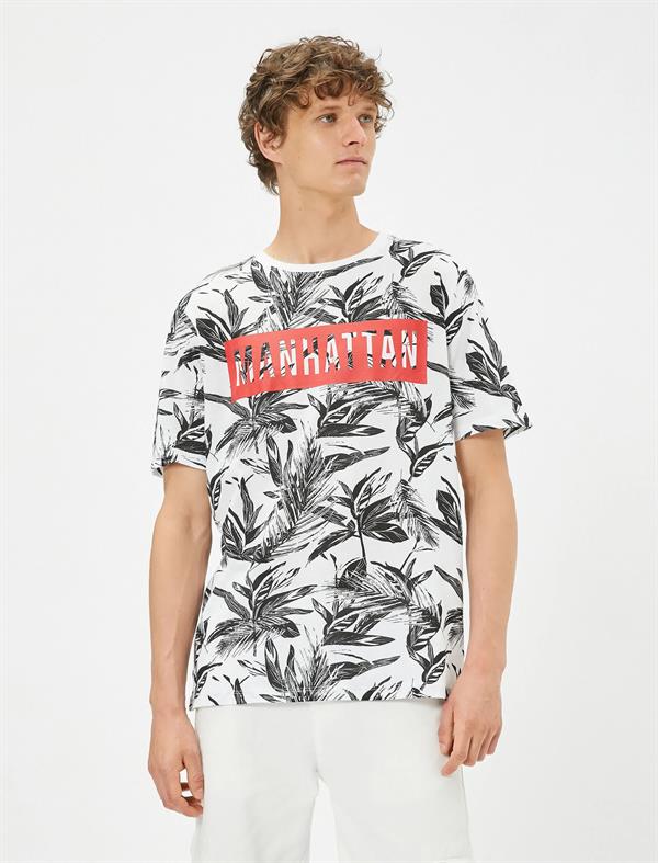 Slogan Baskılı Tişört Yaprak Detaylı Bisiklet Yaka Pamuklu