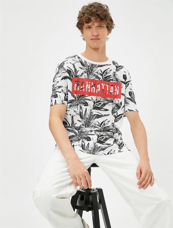 Slogan Baskılı Tişört Yaprak Detaylı Bisiklet Yaka Pamuklu