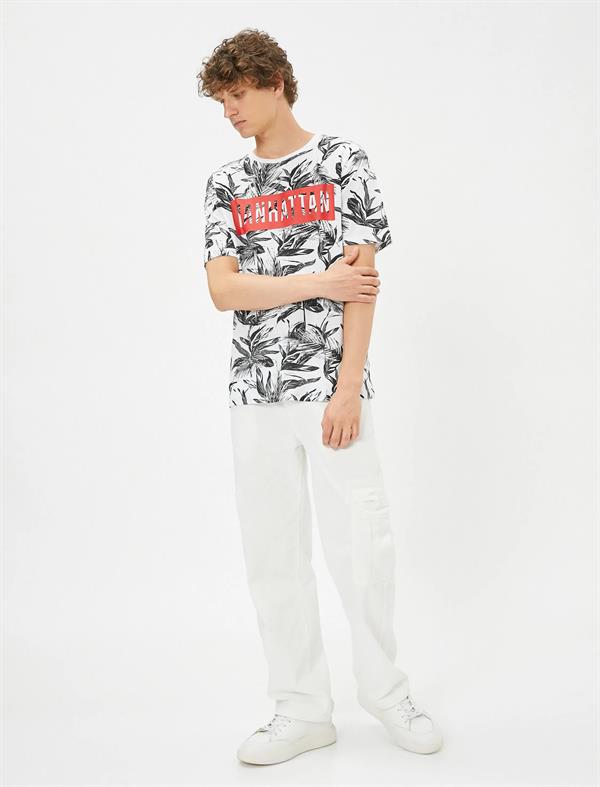 Slogan Baskılı Tişört Yaprak Detaylı Bisiklet Yaka Pamuklu