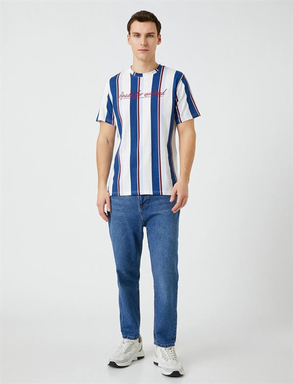 Slogan Baskılı Tişört Bisiklet Yaka Kısa Kollu Pamuklu