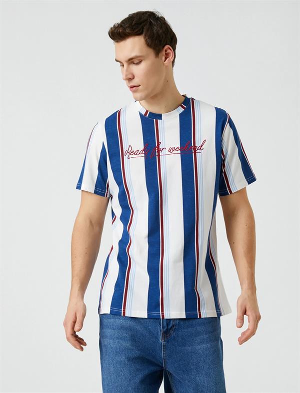 Slogan Baskılı Tişört Bisiklet Yaka Kısa Kollu Pamuklu