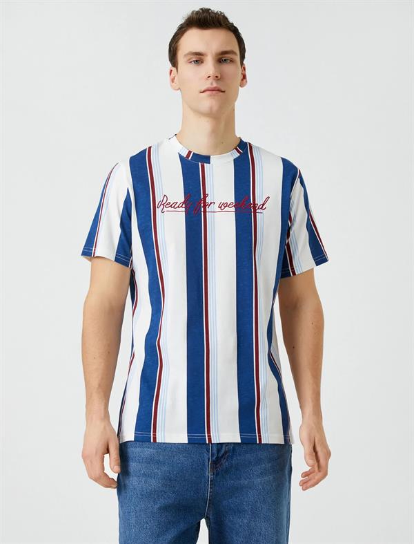 Slogan Baskılı Tişört Bisiklet Yaka Kısa Kollu Pamuklu