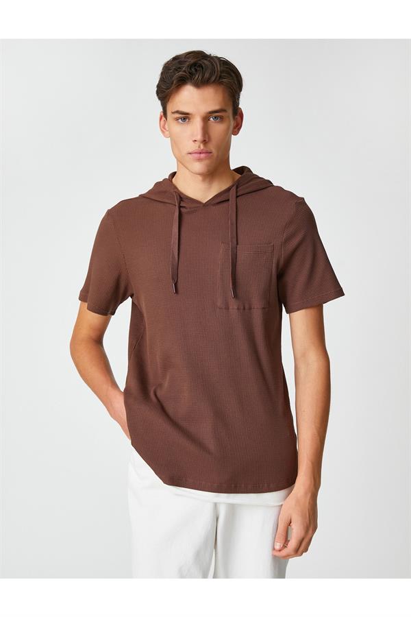 Açık Kahverengi Basic Kapşonlu Tişört Kısa Kollu Dokulu Cep Detaylı Pamuklu