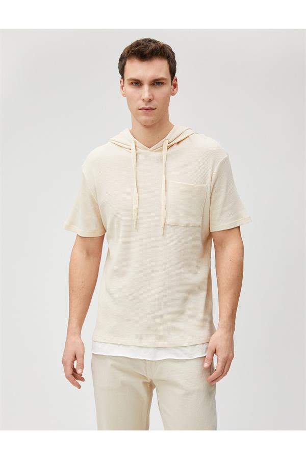 Ekru Basic Kapşonlu Tişört Kısa Kollu Dokulu Cep Detaylı Pamuklu