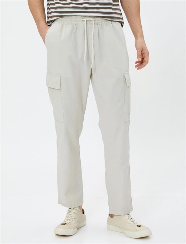 Bej Erkek Keten Karışım Jogger Kargo Pantolon