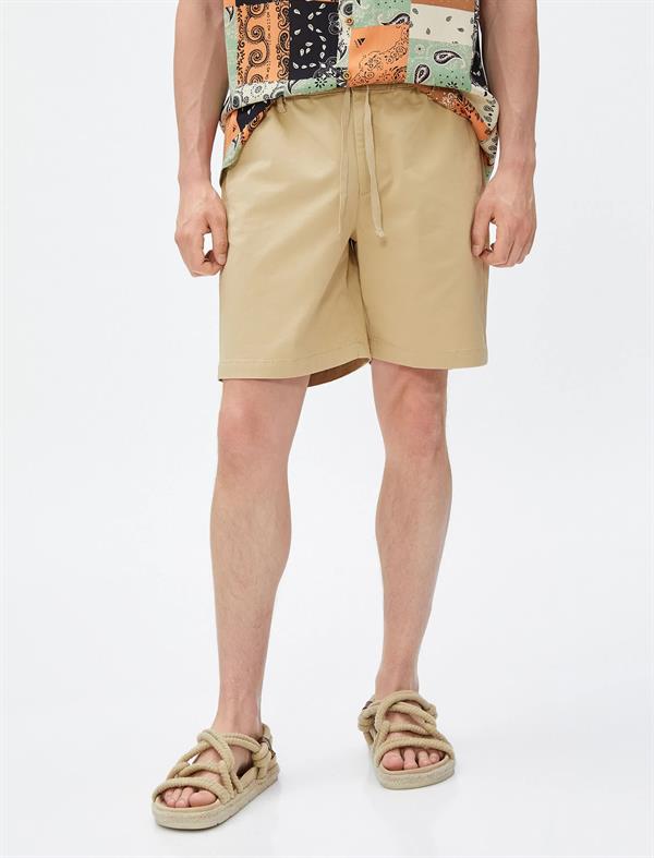 Bej Erkek Chino Şort Beli Bağlamalı Cepli Pamuklu