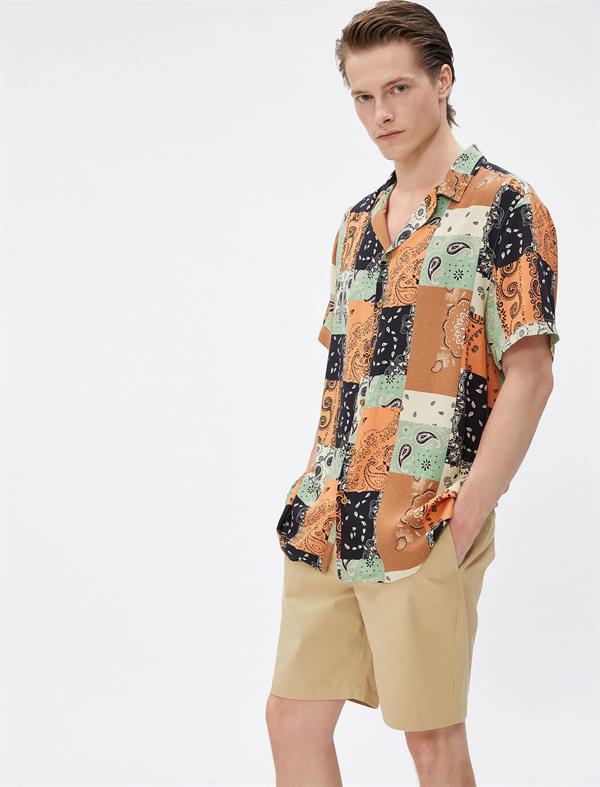 Bej Erkek Chino Şort Beli Bağlamalı Cepli Pamuklu