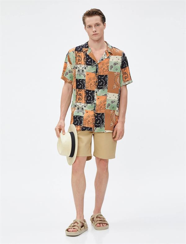 Bej Erkek Chino Şort Beli Bağlamalı Cepli Pamuklu