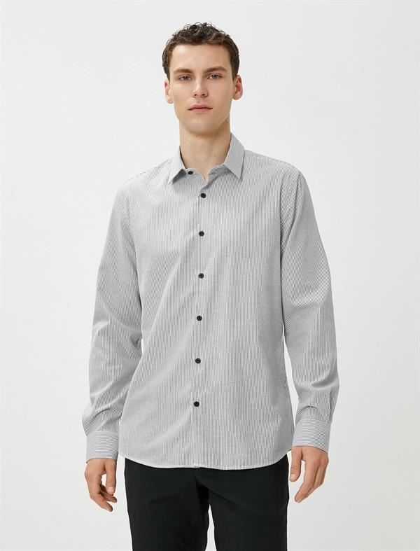 Siyah Spor Gömlek Slim Fit Klasik Yaka Uzun Kollu