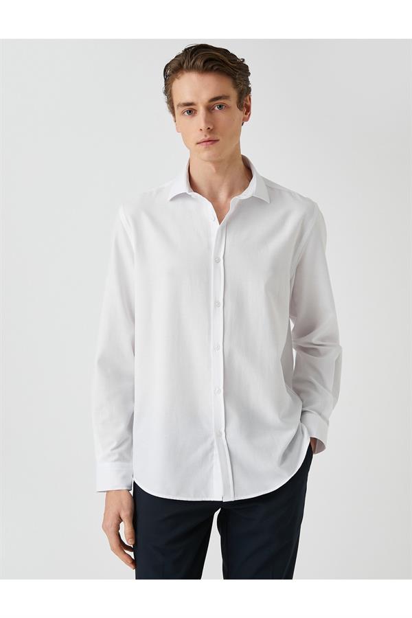 Basic  Beyaz Gömlek Klasik Manşet Yaka Uzun Kollu Dar Kesim