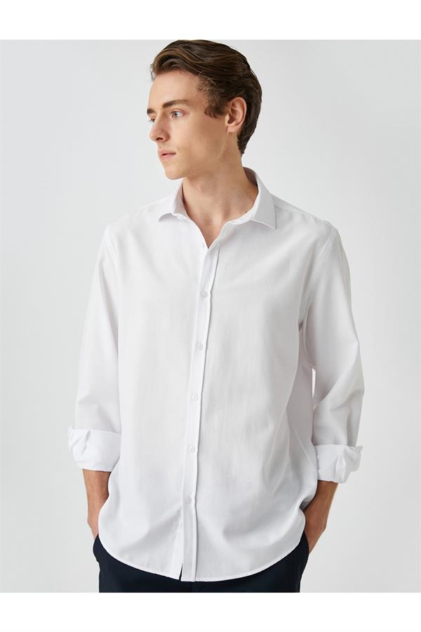 Basic  Beyaz Gömlek Klasik Manşet Yaka Uzun Kollu Dar Kesim