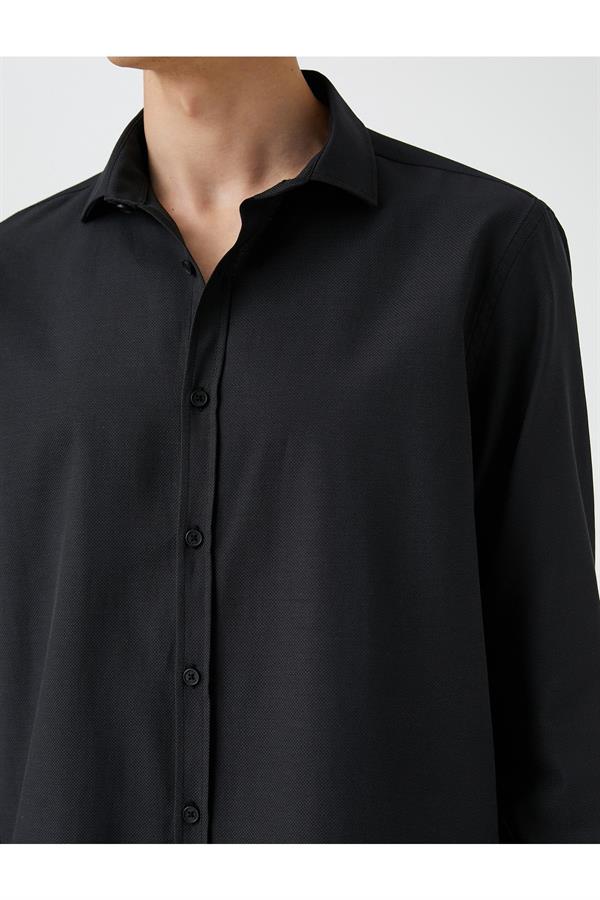 Basic Siyah Gömlek Klasik Manşet Yaka Uzun Kollu Dar Kesim