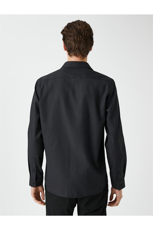 Basic Siyah Gömlek Klasik Manşet Yaka Uzun Kollu Dar Kesim