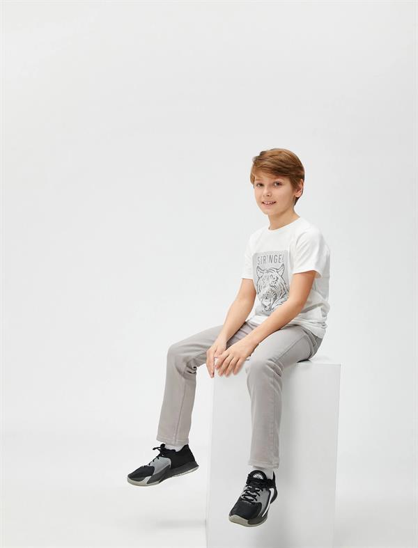 Erkek Çocuk Gri Kot Pantolon Düz Paça Normal Bel - Straight Jean Beli Ayarlanabilir Lastikli