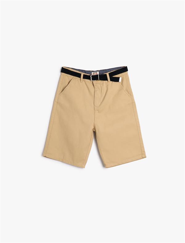 Erkek Çocuk Bermuda Chino Şort Slim Kemer Detaylı Cepli Pamuklu