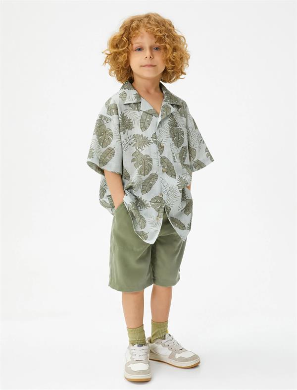 Erkek Çocuk Kısa Kollu Gömlek Floral Baskılı Pamuklu Cep Detaylı