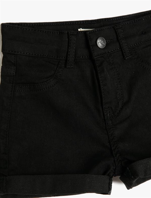 Kız Çocuk Basic Kot Şort Pamuklu Cepli Paçaları Kıvrık Beli Ayarlanabilir Lastikli