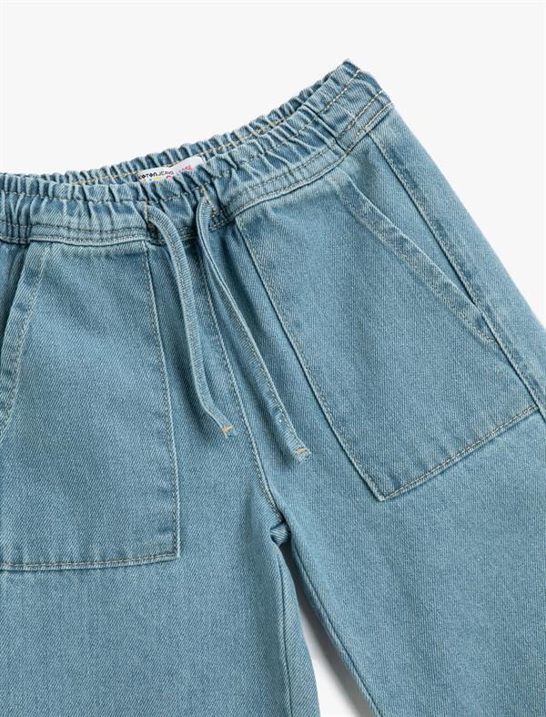 Kız Çocuk Kot Pantolon Bol Paça Beli Lastikli Cepli - Loose Jean