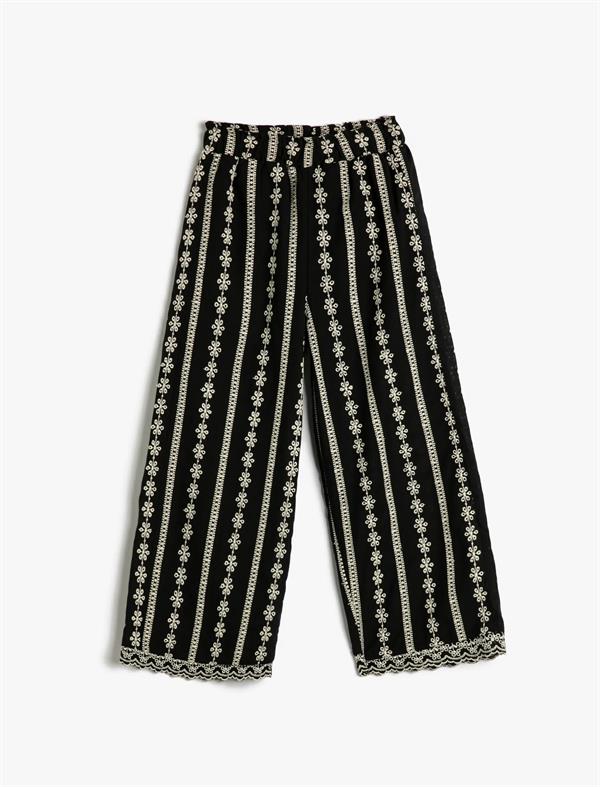 Kız Çocuk Bol Paça Pantolon Çiçek İşlemeli Beli Lastikli