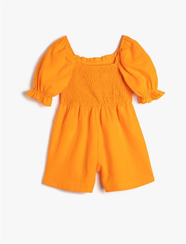 Kız Çocuk Tulum Keten Karışımlı Kısa Kollu Arkası Gipe Detaylı Kare Yaka