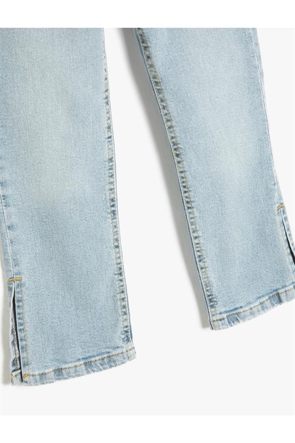 Kız Çocuk Kot Pantolon Yırtmaç Detaylı Cepli Pamuklu Beli Ayarlanabilir Lastikli - Slim Jean