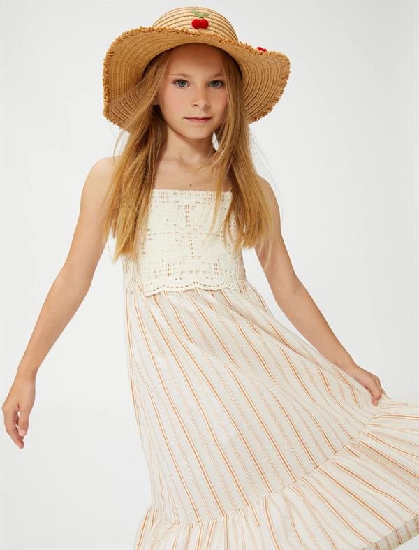 Kız Çocuk Elbise Askılı Kroşe Aplike Detaylı Fırfırlı Gipe Detayl
