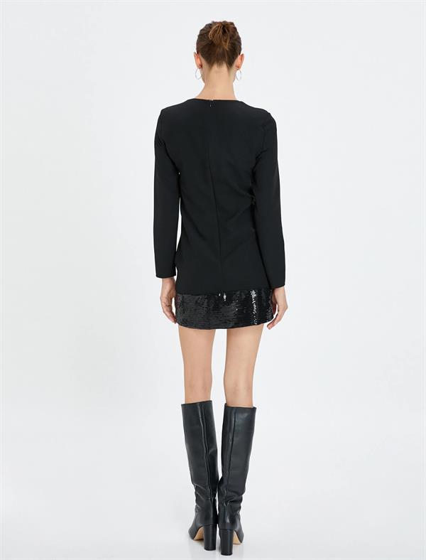 Siyah Kadın Mini Elbise Uzun Kollu Yuvarlak Yaka Pul Payet İşlemeli