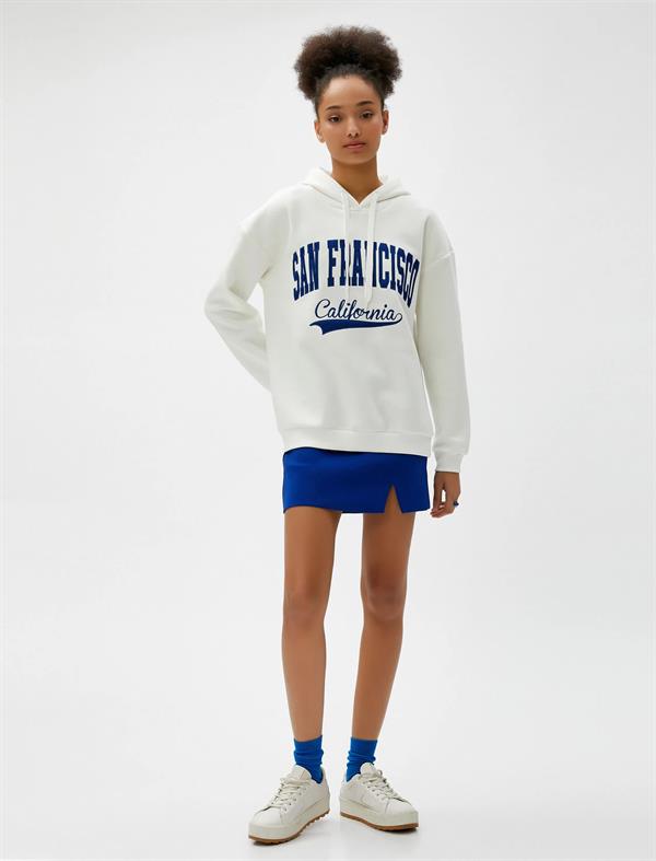 Oversize Kapüşonlu Sweatshirt Nakışlı Uzun Kollu Ribanalı