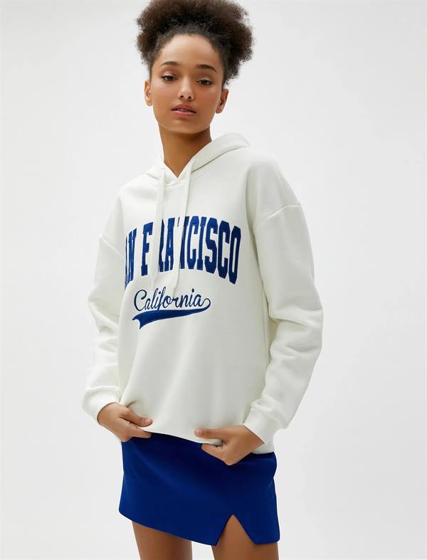 Oversize Kapüşonlu Sweatshirt Nakışlı Uzun Kollu Ribanalı